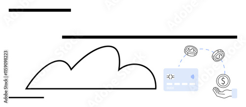 Cloud image connected to a credit card, coins, and a hand icon symbolizing digital transactions. Ideal for finance, tech, business, e-commerce, cloud services online payments and banking. Line