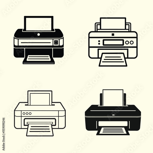 printer silhouette and line art vector set design illustration