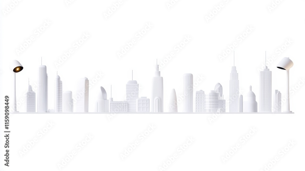 Obraz premium A minimalist skyline silhouette featuring various skyscrapers and modern lamps against a white background.