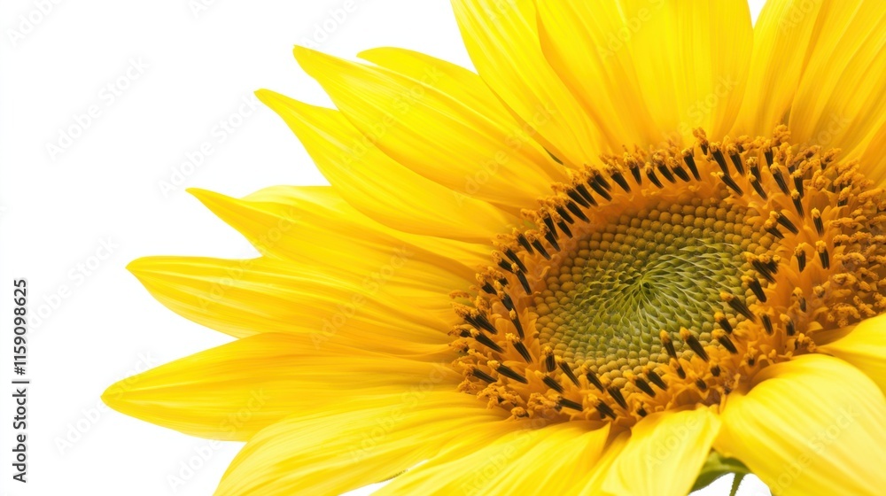 Naklejka premium A close-up of bright yellow sunflower petals with their bold hues and circular formation, isolated white background, minimalist art style
