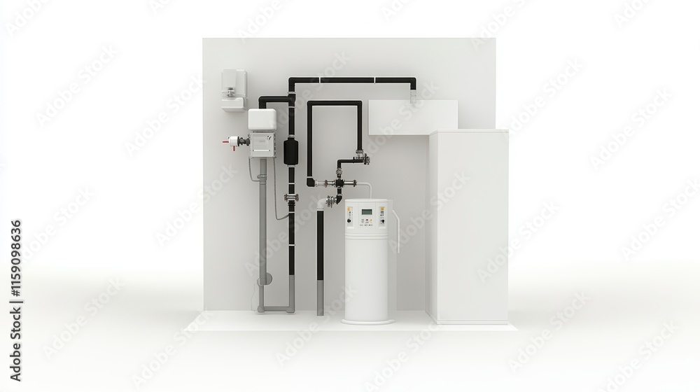 This image depicts a minimalistic plumbing setup featuring pipes, a water heater, and various fixtures against a white background. This image depicts a minimalistic plumbing setup featuring pipes, a water heater, and various fixtures against a white background.