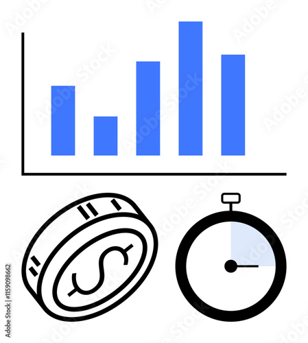 Bar chart with four blue bars, dollar coin, and stopwatch. Ideal for finance, saving time, investment, business growth, efficiency productivity and cost management concepts. Line metaphor