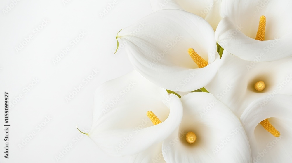 Fototapeta premium A close-up of elegant calla lily flowers with their pristine white petals and golden centers, isolated white background, minimalistic art style
