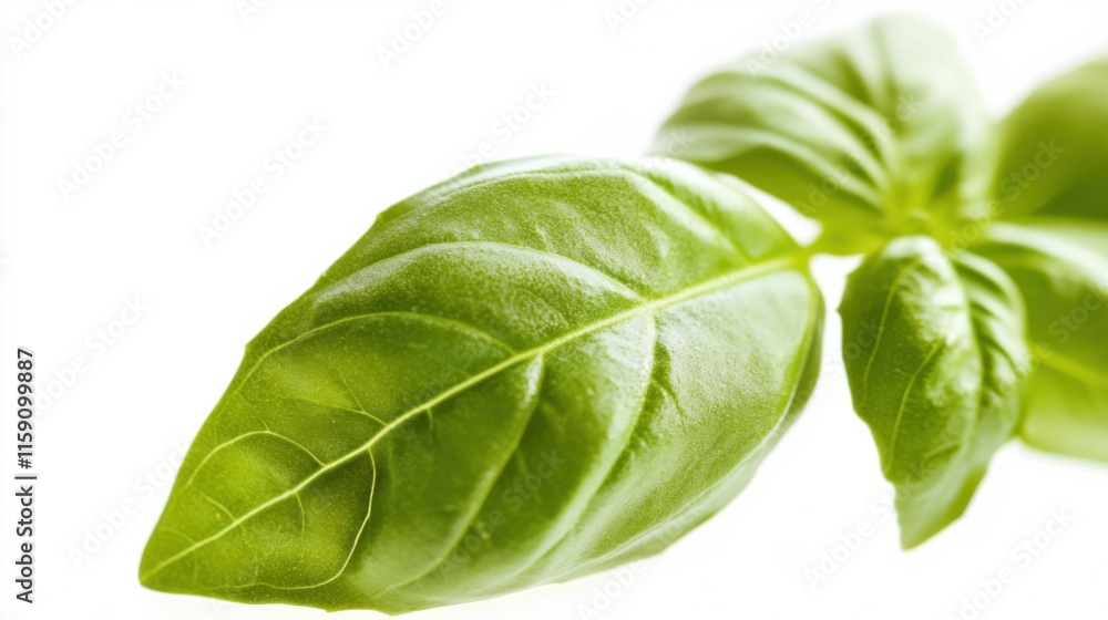Fototapeta premium A close-up of fresh basil leaves with their vibrant green color and aromatic scent, isolated white background, minimalist art style