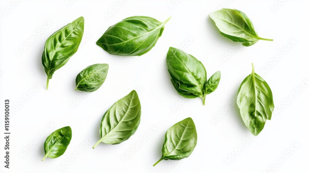 A close-up of fresh green basil leaves with their aromatic scent and serrated edges, isolated white background, minimalist art style A close-up of fresh green basil leaves with their aromatic scent and serrated edges, isolated white background, minimalist art style