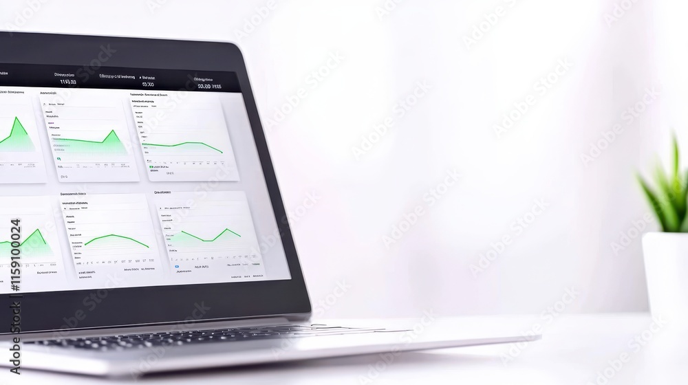 A sleek laptop displays analytics charts with green trends, sitting on a clean desk next to a small potted plant, conveying a professional workspace. A sleek laptop displays analytics charts with green trends, sitting on a clean desk next to a small potted plant, conveying a professional workspace.