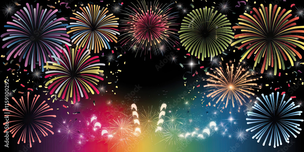 Fototapeta premium Festive Fireworks Display Celebration Background with Confetti
