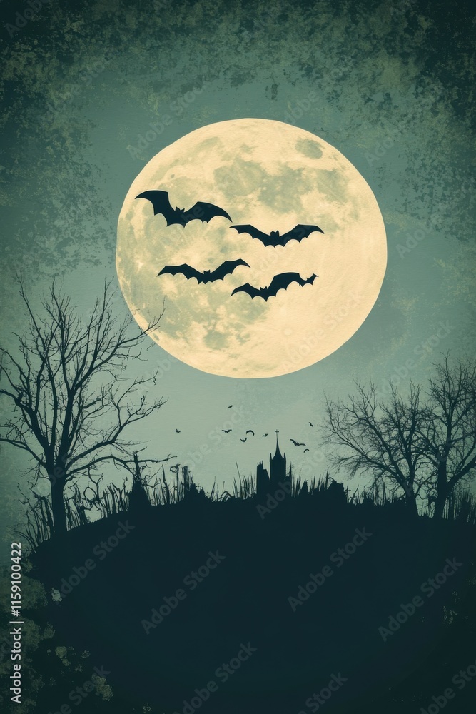 Dark silhouettes rise against the glowing full moon, while bats flutter above a haunted castle at night Dark silhouettes rise against the glowing full moon, while bats flutter above a haunted castle at night