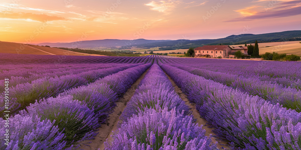 Fototapeta premium Serene Lavender Field Sunset Provence Landscape Photography