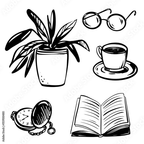 Vector Vintage Cup Illustration in outline style. Hand-drawn hot drink design with cappuccino and elegant decor elements for cozy holiday greeting cards or café menus. Black ink art for logo or icon.