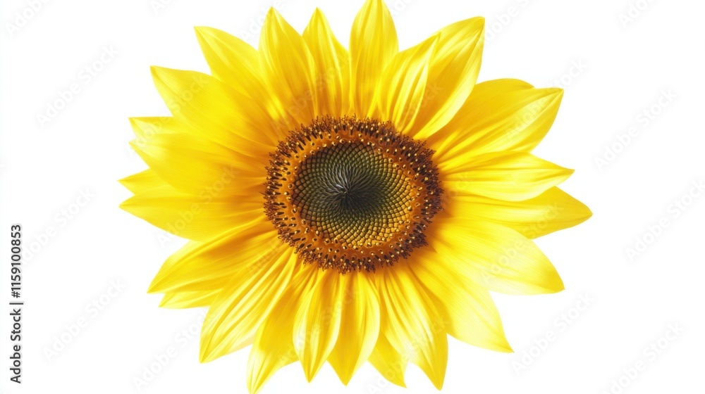 Fototapeta premium A close-up of vibrant yellow sunflower petals with their bold hues and circular formation, isolated white background, minimalist art style