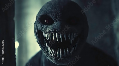 Close-up of a terrifying monster mask with sharp teeth and glowing red eyes in a dark setting.
