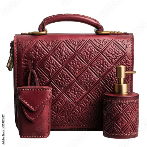 Stylish maroon handbag with matching pump bottle and pouch isolated on transparent background PNG photo