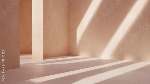 Soft light streams through architectural spaces, creating warm s