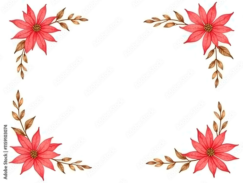 Red poinsettia flowers and leaves. Watercolor hand drawn illustration, border frame isolated on white. Xmas, happy new year festive, noel navidad holiday. For cards, gifts, florist shop, wedding Red poinsettia flowers and leaves. Watercolor hand drawn illustration, border frame isolated on white. Xmas, happy new year festive, noel navidad holiday. For cards, gifts, florist shop, wedding