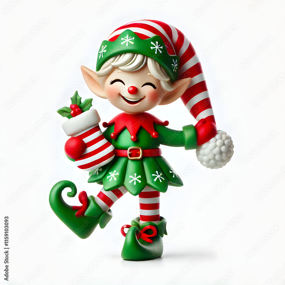 Joyful Christmas elf figurine wearing a green and red outfit with striped stockings, perfect for holiday celebrations Joyful Christmas elf figurine wearing a green and red outfit with striped stockings, perfect for holiday celebrations