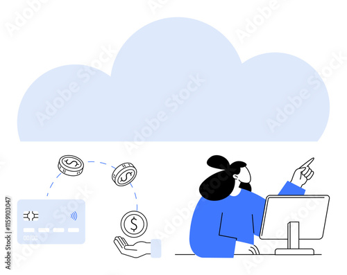 Businesswoman working on desktop computer pointing at cloud above. Credit card and coins beside hand symbolize financial transactions. Ideal for finance, cloud computing, e-commerce, online banking