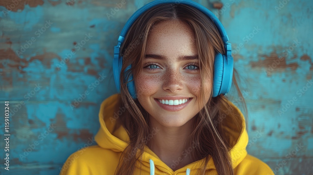Happy woman in yellow hoodie with blue headphones. Happy woman in yellow hoodie with blue headphones.