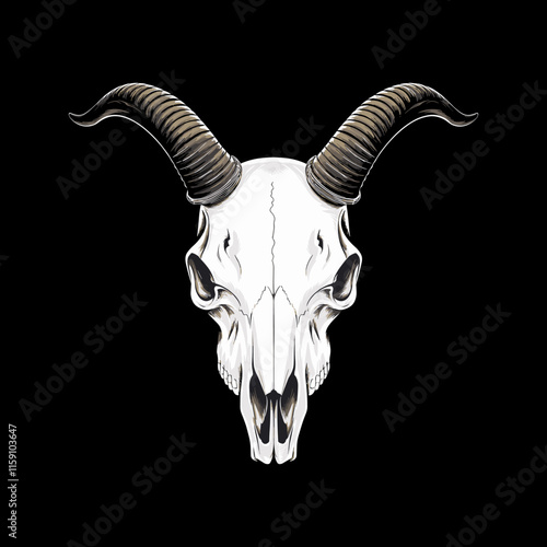 Bold and fierce portrayal of a ram skull, featuring intricately detailed black horns and an intense aura