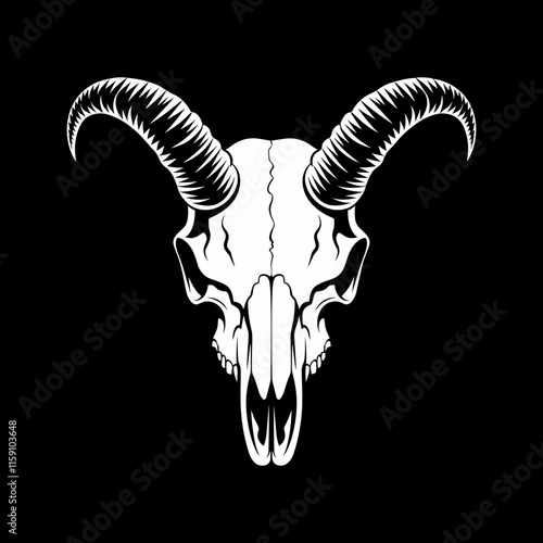 A striking depiction of a mountain goat skull with sharp black horns, set against a deep black backdrop