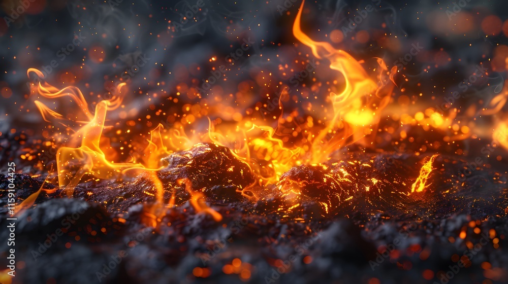 Luminous Flames Dancing on Fiery Lava Surface at Night Luminous Flames Dancing on Fiery Lava Surface at Night