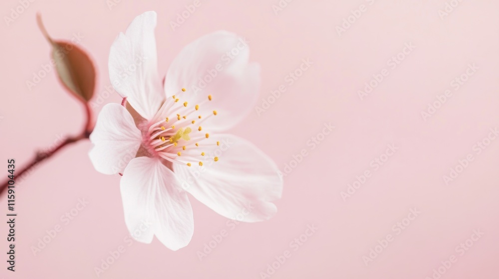 A delicate pink cherry blossom against a pale pink background, close-up shot, Minimalist style A delicate pink cherry blossom against a pale pink background, close-up shot, Minimalist style