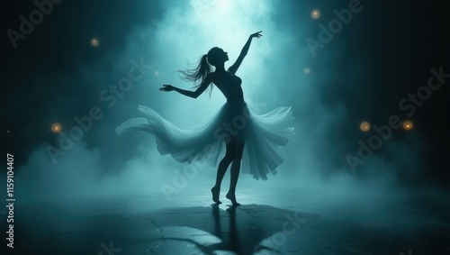  A girl gracefully performs the shadow dance, her movements fluid and mesmerizing against the dreamlike backdrop of light and mystery.  