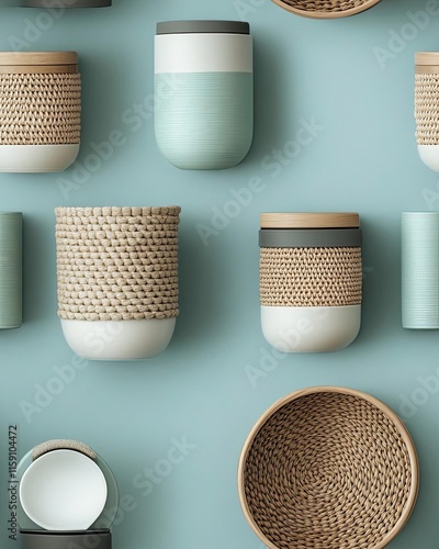 Flatlay of decluttered storage solutions like woven baskets and sleek containers, set on a soft pastel background photo