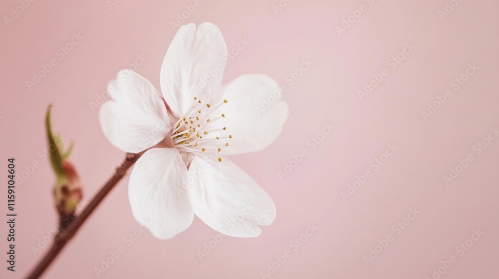 A delicate pink cherry blossom against a pale pink background, close-up shot, Minimalist style A delicate pink cherry blossom against a pale pink background, close-up shot, Minimalist style