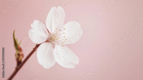 A delicate pink cherry blossom against a pale pink background, close-up shot, Minimalist style