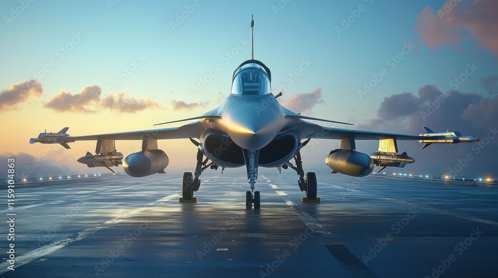 Fototapeta premium Fighter jet on runway at sunrise. (3)