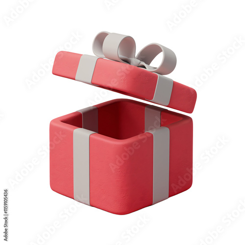 A minimalist, 3D render of a cartoon-style, open gift box. The box is red and has a white ribbon tied around it. The image is isolated on a transparent background.