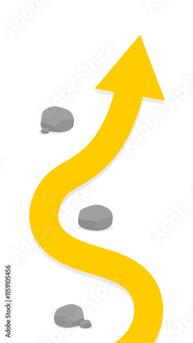 A curved yellow arrow navigating around multiple gray stones on a white background, symbolizing overcoming obstacles