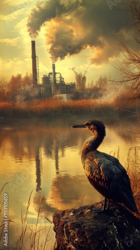 A bird with faded feathers observes a polluted river near a sprawling industrial factory, reflecting contaminated water sources and ecological imbalance caused by human activities photo