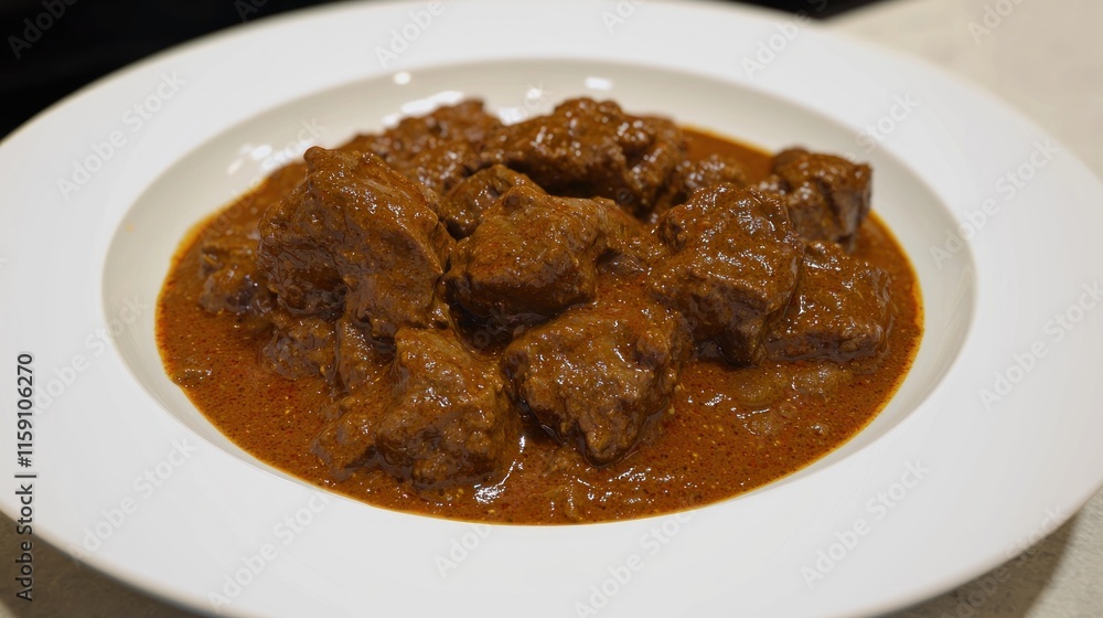 A hearty serving of beef stew in a white bowl. A hearty serving of beef stew in a white bowl.
