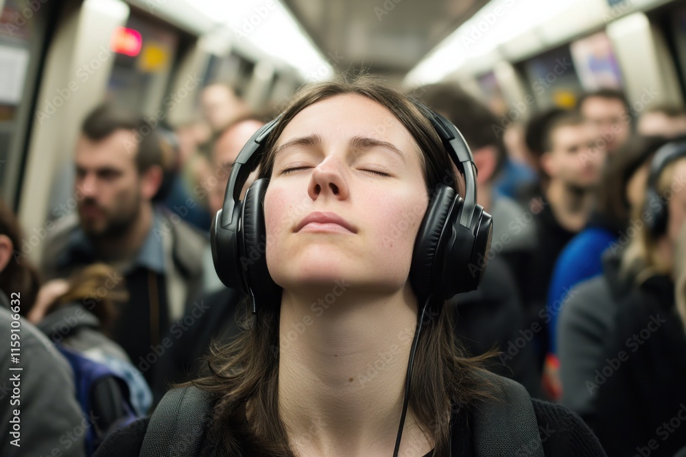 Embracing tranquility amidst the bustling crowd in a subway Embracing tranquility amidst the bustling crowd in a subway