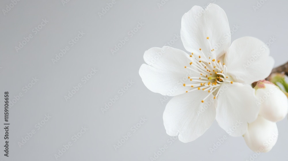 A delicate white cherry blossom against a pale grey background, close-up shot, Minimalist style A delicate white cherry blossom against a pale grey background, close-up shot, Minimalist style