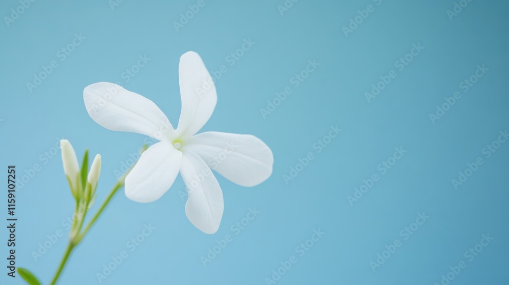 Fototapeta premium A delicate white jasmine flower against a soft blue background, close-up shot, Minimalist style