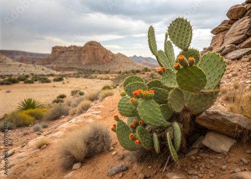 Prickly Pear Cactus Plant in Rocky Desert Garden Setting photo