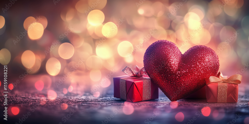Red heart on Valentine's day love banner with gift boxes ribbon and blurry lights in the background Red heart on Valentine's day love banner with gift boxes ribbon and blurry lights in the background