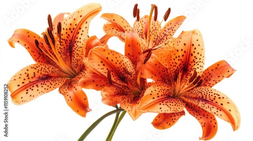 A detailed capture of a cluster of orange tiger lilies with their distinctive spotted petals, isolated white background, naturalistic composition
