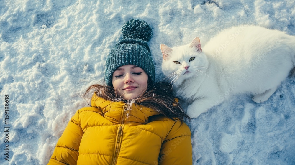 top view of a woman and a cat lay side by side on snow ground smiling together top view of a woman and a cat lay side by side on snow ground smiling together