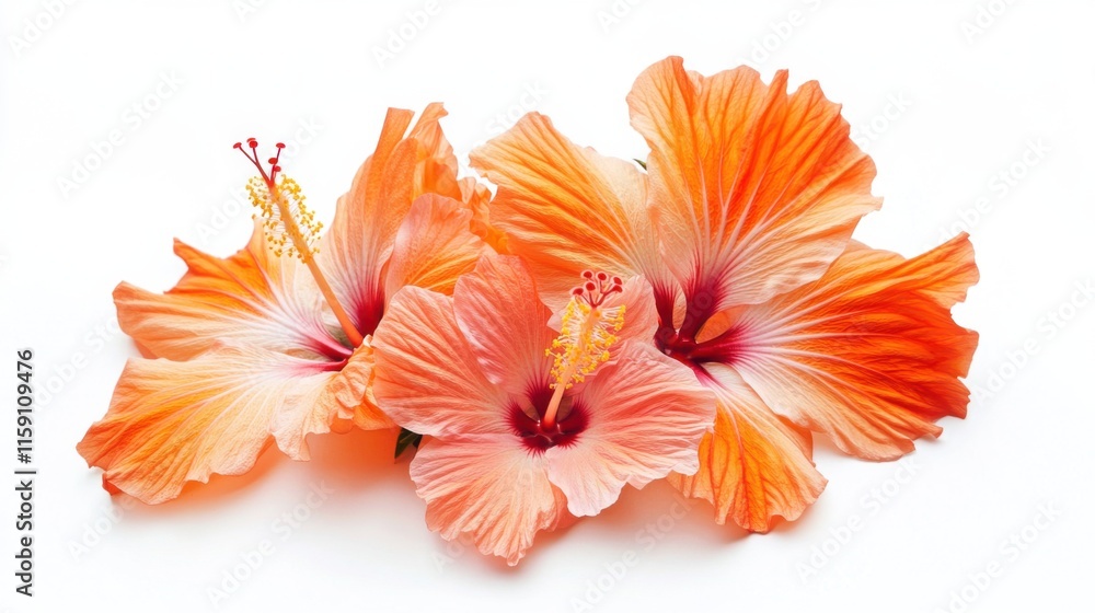 Fototapeta premium A detailed photograph of a bunch of orange hibiscus flowers with glossy petals, isolated white background, modern art style
