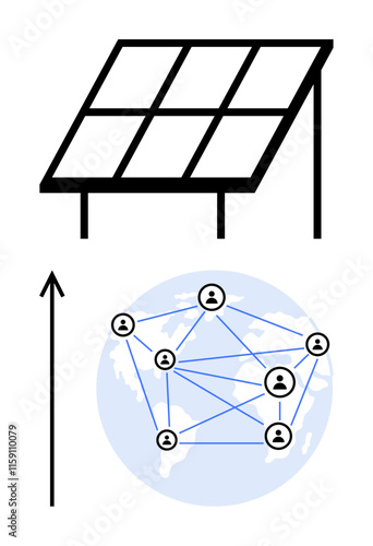 Solar panel and interconnected global network emphasize sustainability, innovation, collaboration, and progress. Ideal for renewable energy initiatives, technology integration, global communication