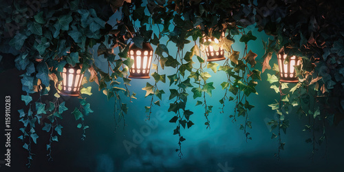 Enchanting Illuminated Lanterns Hanging Amidst Lush Ivy Vines photo