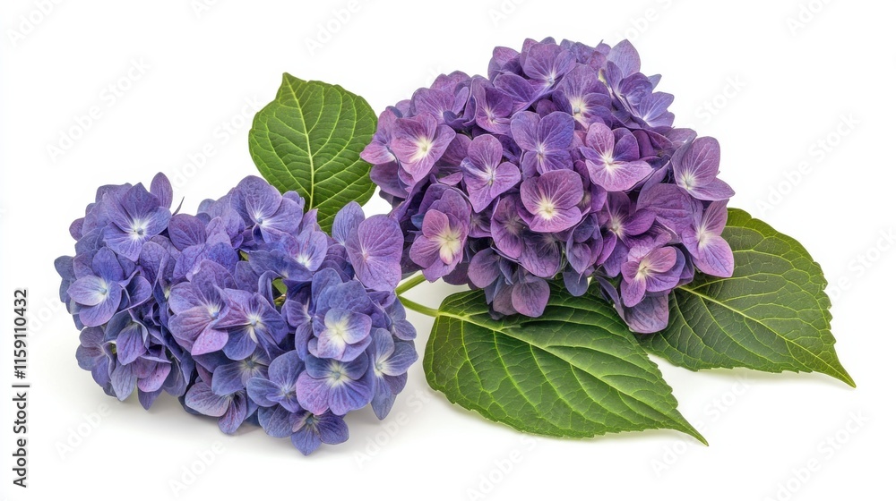 A detailed photograph of a cluster of purple hydrangea flowers with clustered blooms, isolated white background, contemporary art style A detailed photograph of a cluster of purple hydrangea flowers with clustered blooms, isolated white background, contemporary art style