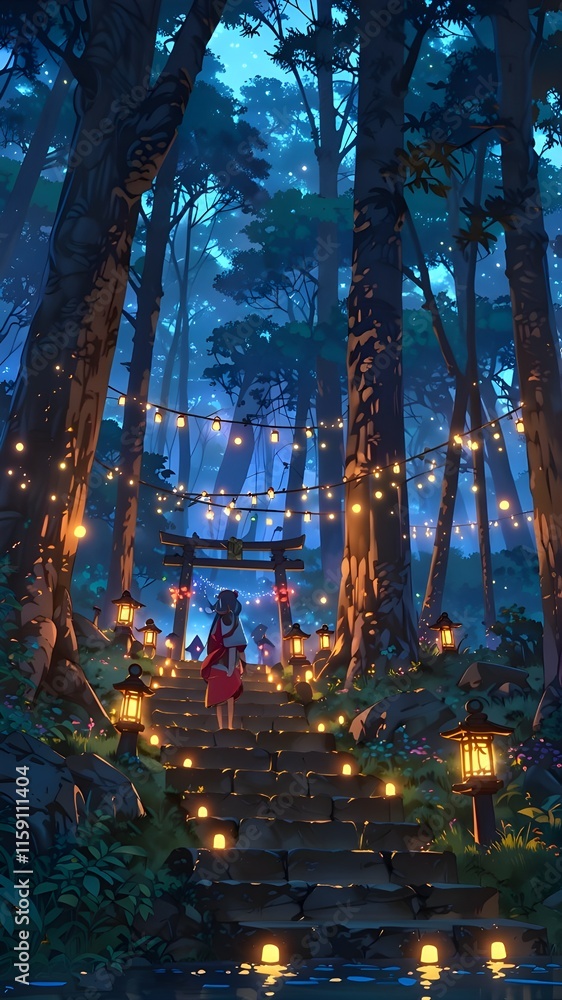 Title: Mystic Shrine Prompt: an anime-style forest shrine surrounded by glowing lanterns and fireflies at twilight. Include a gentle mist and magical energy emanating from the shrine. Title: Mystic Shrine Prompt: an anime-style forest shrine surrounded by glowing lanterns and fireflies at twilight. Include a gentle mist and magical energy emanating from the shrine.