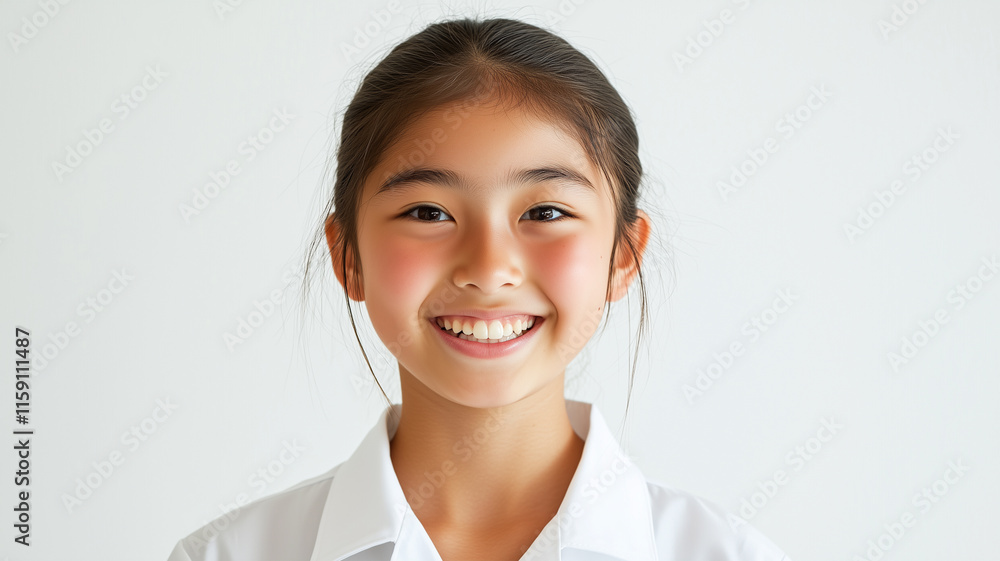 明るい笑顔でカメラ目線の制服姿の10代日本人女性のスタジオ写真 明るい笑顔でカメラ目線の制服姿の10代日本人女性のスタジオ写真