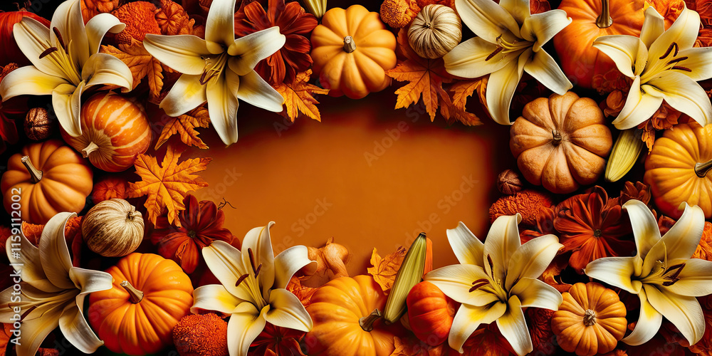 Fototapeta premium Autumn Harvest Pumpkins Lilies and Fall Leaves Background