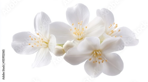 A detailed photograph of a cluster of white jasmine flowers with delicate petals, isolated white background, naturalistic art style